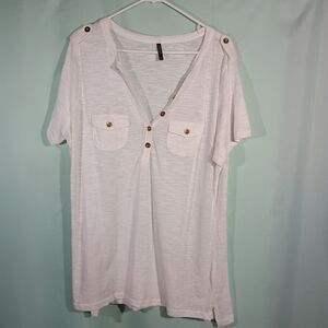 Women's white Splash Top Gold Button Shirt Short Sleeve Casual Blouse